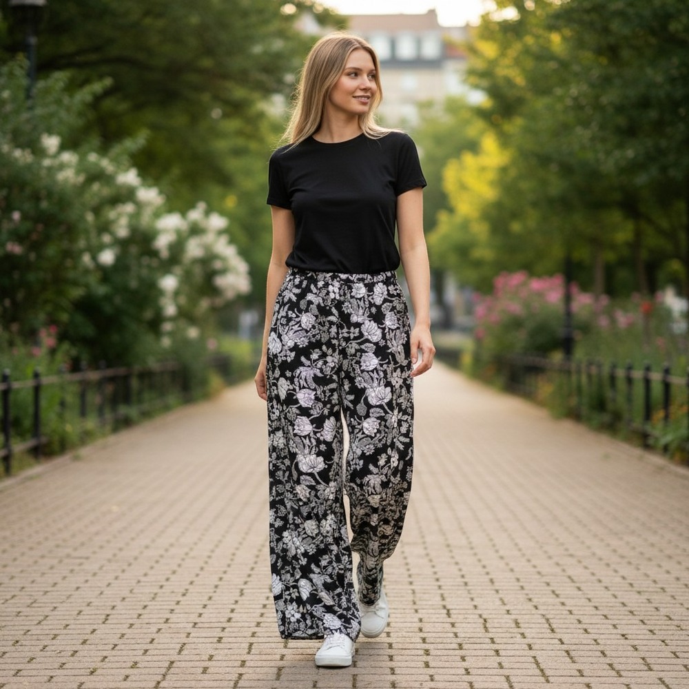 Wide Leg Pants Black White Floral Women's L Palazzo Pants Boho Resortwear Beach - Picture 2 of 9
